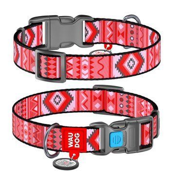 Нашийник для собак нейлоновий WAUDOG Nylon з QR паспортом, малюнок "Етно червоний", пластиковий фастекс, Ш 25 мм, Дов 37-58 см 4658 фото