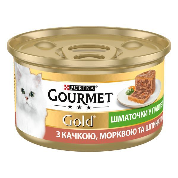 Вологий корм GOURMET Gold для дорослих шматочки у паштеті з качкою, морквою та шпинатом 85г 7613033728778 фото