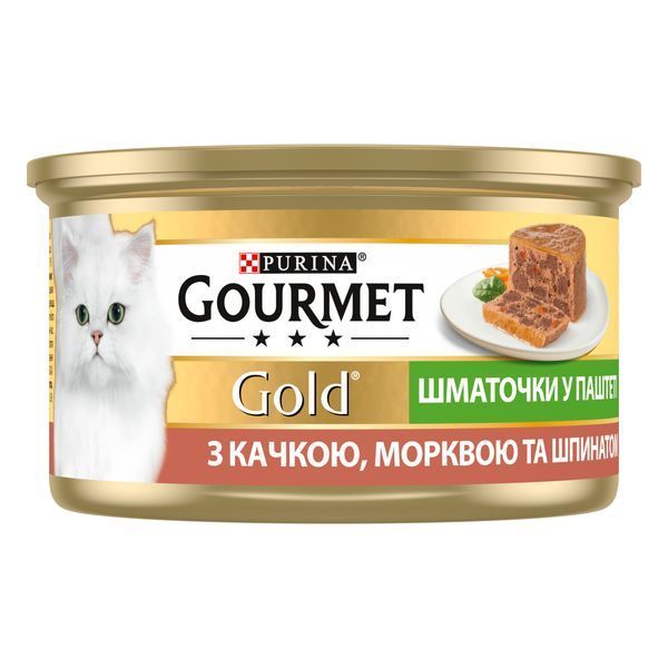 Вологий корм GOURMET Gold для дорослих шматочки у паштеті з качкою, морквою та шпинатом 85г 7613033728778 фото