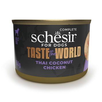 Schesir Taste the World Chicken Thai Coconut ШЕЗІР КУРКА ПО-ТАЙСЬКИ в бульйоні натуральні консерви для собак, вологий корм, банка 150г 122551 фото