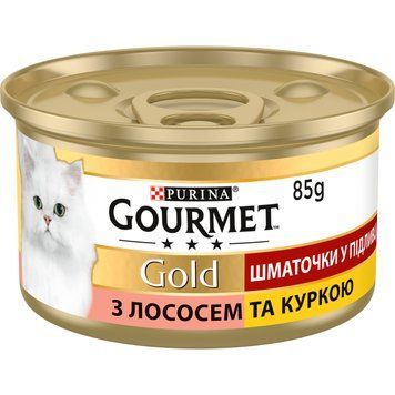 Вологий корм GOURMET Gold для дорослих шматочки у підливці з лососем та куркою 85г 7613032618674 фото