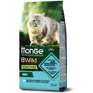 Сухий беззерновий корм Monge Cat BWild Grain Free з тріскою для дорослих котів 70012058 фото