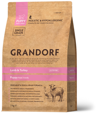 Grandorf DOG PUPPY FROM 3 WEEKS Lamb & Turkey - Грандорф Cухий комплексний корм для цуценят з трьох тижнів вагітних і лактуючих сук 1 кг 5407007850853 фото