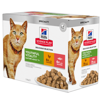 Hill's SCIENCE PLAN Mature Adult 7+ Senior Vitality Вологий корм для зрілих котів від 7 років, з куркою та з лососем, пауч, 85 г (6+6 шт) 605260 фото