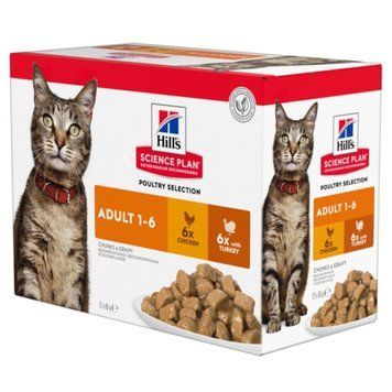 Hill's SCIENCE PLAN Adult Вологий корм для дорослих котів, з куркою та з індичкою, пауч, 85г (6+6 шт) 604009 фото