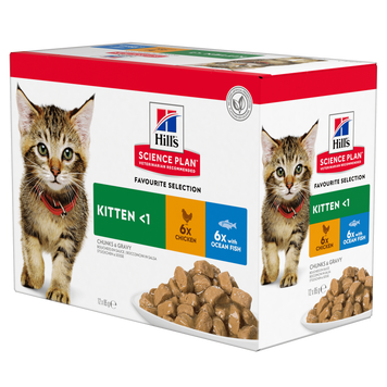 Hill's SCIENCE PLAN Kitten Вологий корм для кошенят і кішок у період вагітності та лактації, з куркою та з океанічною рибою, пауч, 85г (6+6 шт) 604033 фото