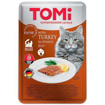 TOMi Turkey In Spinach Jelly ТОМІ ІНДИЧКА В ШПИНАТНОМУ ЖЕЛЕ консерви для котів, вологий корм, пауч 100г 490877 фото
