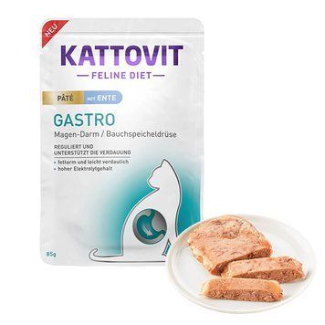 Kattovit Veterinary Gastro Duck Pate КАТТОВІТ ГАСТРО КАЧКА паштет повнораціонний вологий дієтичний корм для котів із захворюваннями шлунково-кишкового тракту та підшлункової залози, пауч 85г 77289 фото