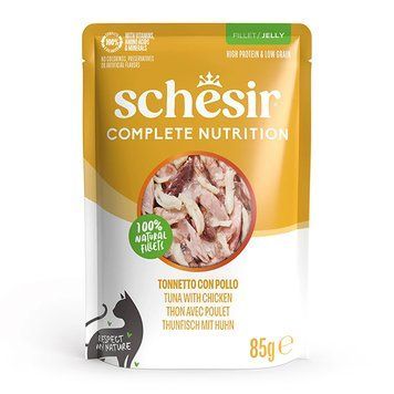 Schesir Tuna and Chicken ШЕЗІР ТУНЕЦЬ З КУРЯЧИМ ФІЛЕ в желе повнораціонний вологий корм консерви для котів, пауч 85г 171016 фото