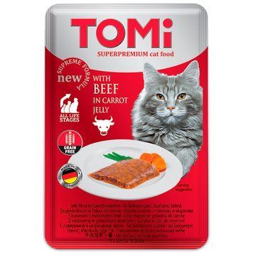 TOMi Beef in Carrot Jelly ТОМІ ЯЛОВИЧИНА В МОРКВЯНОМУ ЖЕЛЕ консерви для котів, вологий корм, пауч 100г 490860 фото