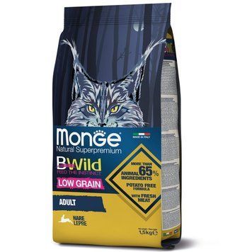 Сухий низькозерновий корм Monge Cat BWild Low Grain з м'ясом зайця для дорослих котів 70012003 фото