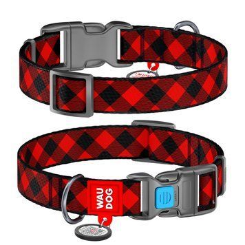 Нашийник для собак нейлоновий WAUDOG Nylon з QR паспортом, малюнок "Шотландка червона", пластиковий фастекс, Ш 15 мм, Дов 25-35 см 4687 фото