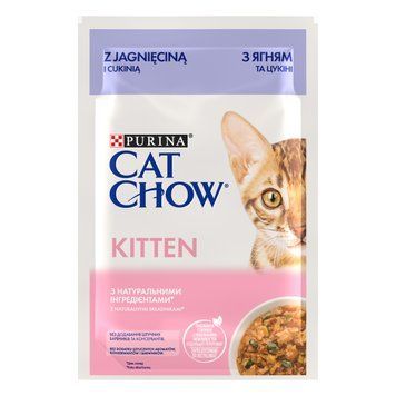 Вологий корм CAT CHOW Kitten для кошенят, шматочки у підливці, з ягням та цукіні, 85 г 8445290426536 фото