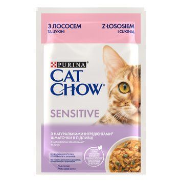 Вологий корм CAT CHOW Sensitive для дорослих котів із чутливою системою травлення, шматочки у підливці, з лососем та цукіні, 85 г 8445290426574 фото