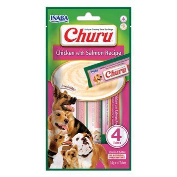 Ласощі INABA "Churu" для собак, вершковий мус в стіках, курка/лосось 4*14 гр EUD613 фото