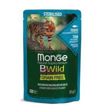 Вологий корм Monge Cat Bwild Grain Free Wet Sterilised з тунцем та креветкою для стерилізованих кішок та котів 70012799 фото