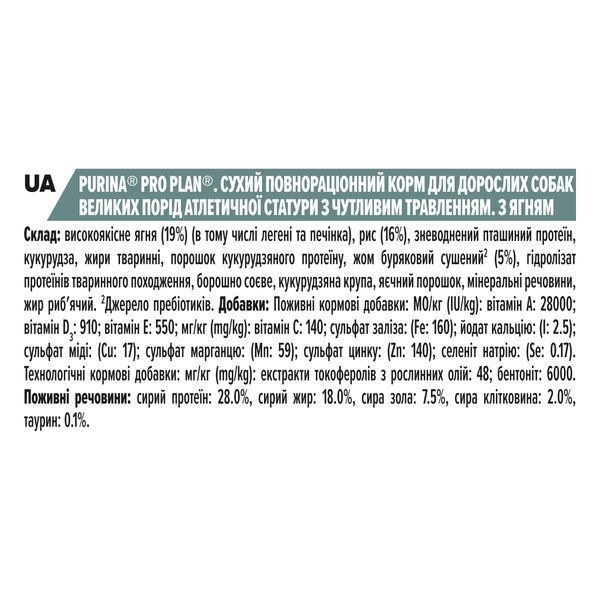 Сухий корм PRO PLAN Large Athletic Adult 2+ Sensitive Digestion для дорослих собак великих порід атлетичної статури, з чутливим травленням, з ягням, 14 кг 7613035415591 фото