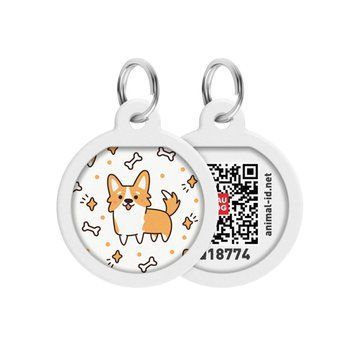 Адресник для собак та котів металічний WAUDOG Smart ID з QR паспортом, малюнок "Коргі", круг, Д 25 мм 0625-0212 фото