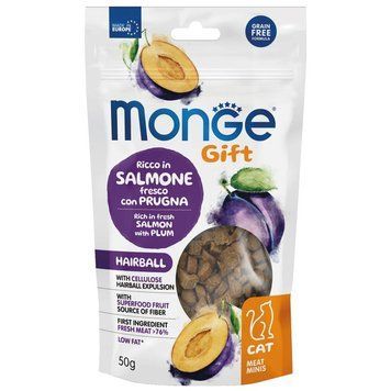 Ласощі Monge Gift Cat Hairball з лососем та сливою для виведення грудочок шерсті у котів 70085137 фото