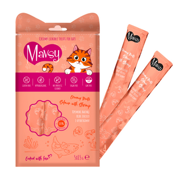 Mavsy-Creamy Treats Salmon with shrimp, 5x15g / Мавси, Рідкі кремоподібні ласощі для котів з лососем та креветками, 5x15 г MAVSI02 фото
