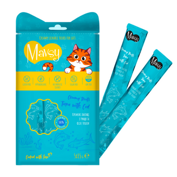 Mavsy-Creamy Treats Tuna with cod, 5x15g / Мавси, Рідкі кремоподібні ласощі для котів з тунцем та тріскою, 5x15 г MAVSI01 фото