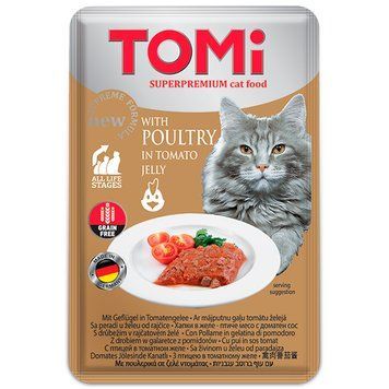TOMi Poultry In Tomato Jelly ТОМІ ПТИЦЯ В ТОМАТНОМУ ЖЕЛЕ консерви для котів, вологий корм, пауч 100г 490884 фото