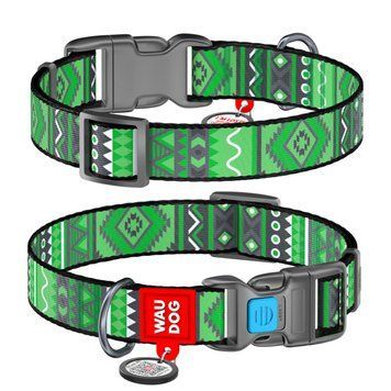Нашийник для собак нейлоновий WAUDOG Nylon з QR паспортом, малюнок "Етно зелений", пластиковий фастекс, Ш 15 мм, Дов 25-35 см 4632 фото