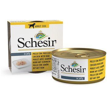 Schesir Chicken with Ham ШЕЗІР КУРЯЧЕ ФІЛЕ З ШИНКОЮ в желе натуральні консерви для собак, вологий корм, банка 150г 712554 фото