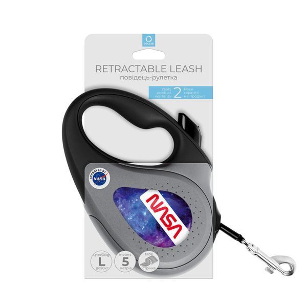 Повідець-рулетка для собак WAUDOG R-leash, малюнок "NASA21", S, до 15 кг, 5 м, світловідбиваюча стрічка чорний 8124-0148-01 фото