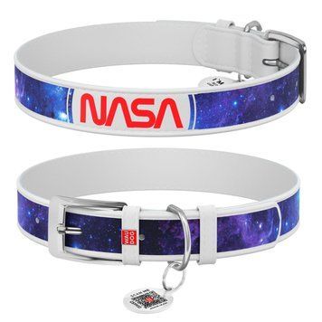 Нашийник для собак шкіряний WAUDOG Design з QR паспортом, малюнок "NASA21", XXS, Ш 12 мм, Д 18-24 см, білий 3601-0148-15 фото