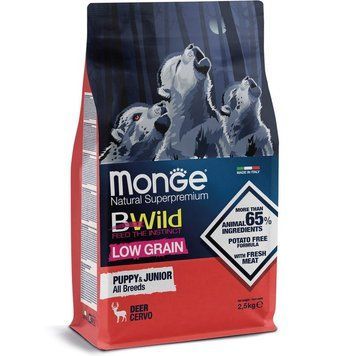 Сухий низькозерновий корм Monge Dog BWild Low Grain Puppy & Junior з м'ясом оленини для цуценят усіх порід 70011853 фото