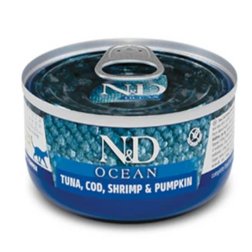 Вологий корм Farmina N&D Grain Free Ocean Tuna, Cod, Shrimp&Pumpkin для котів, беззерновий, тунець, креветка, гарбуз 70г 179461 фото