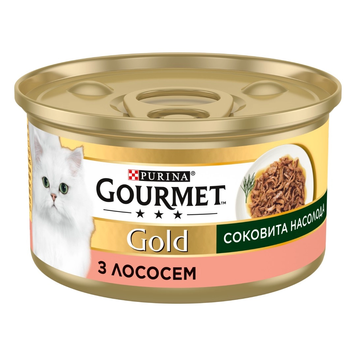 Вологий корм GOURMET Gold "Соковита насолода" для дорослих шматочки в соусі з лососем 85г 8445290823373 фото