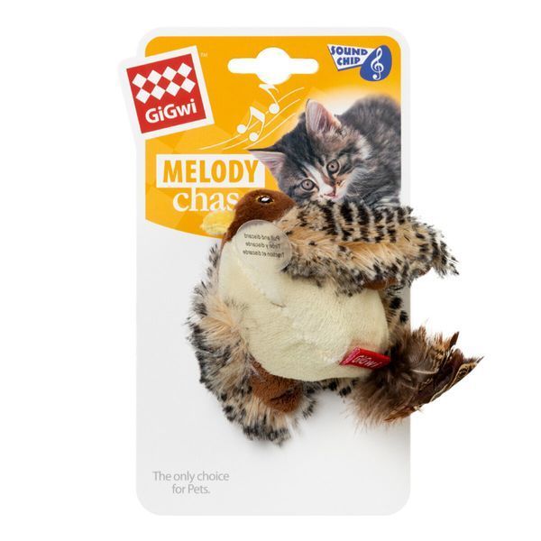 Іграшка для котів Пташка зі звуковим чипом GiGwi Melody chaser, штучне хутро, 13 см 75042 фото